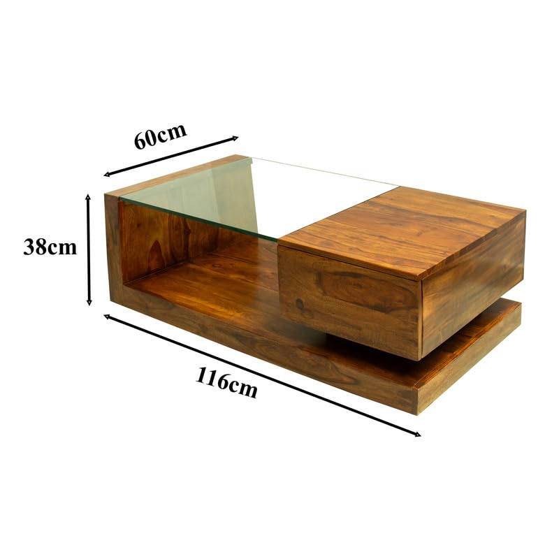 WOODMAZE Sheesham Wood Coffee Table with Drawer Storage Wooden Tea Table with Glass for Living Room Home Office Furniture Solid Wood Teapoy