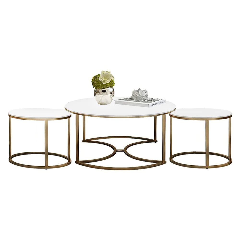 BROWN ART SHOPPEE Set of 3 MDF Top Gold Legs Coffee Table End Tables Round Wood Stacking Coffee Side Accent Table with Metal Legs