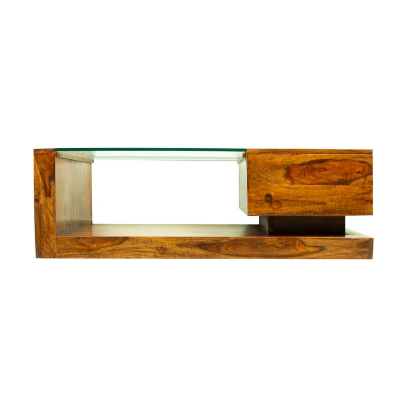 WOODMAZE Sheesham Wood Coffee Table with Drawer Storage Wooden Tea Table with Glass for Living Room Home Office Furniture Solid Wood Teapoy