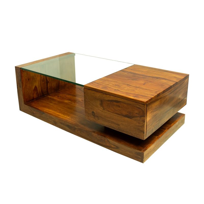 WOODMAZE Sheesham Wood Coffee Table with Drawer Storage Wooden Tea Table with Glass for Living Room Home Office Furniture Solid Wood Teapoy