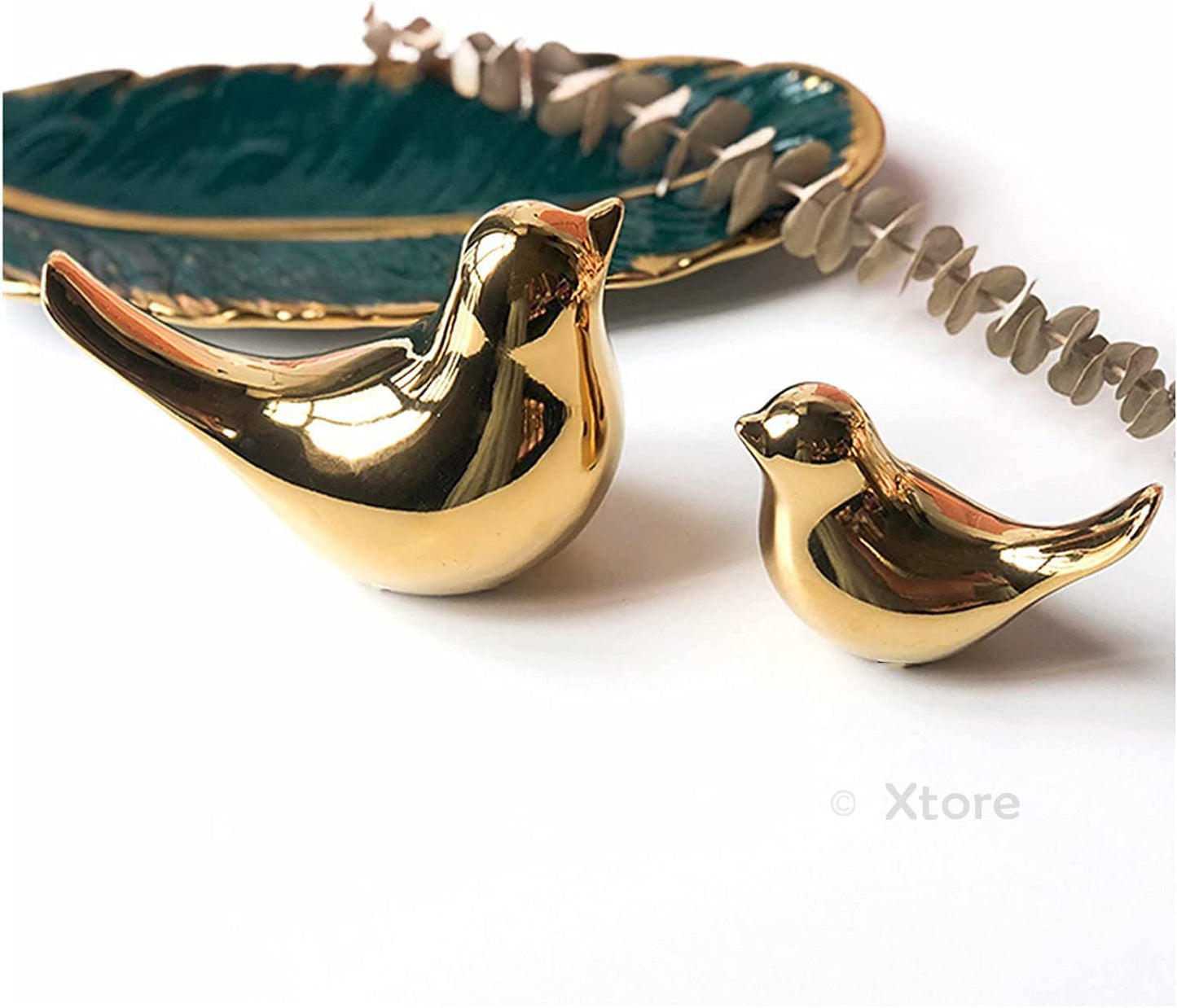 Xtore Ceramic Golden Blessing Birds Figurine for Home Decor