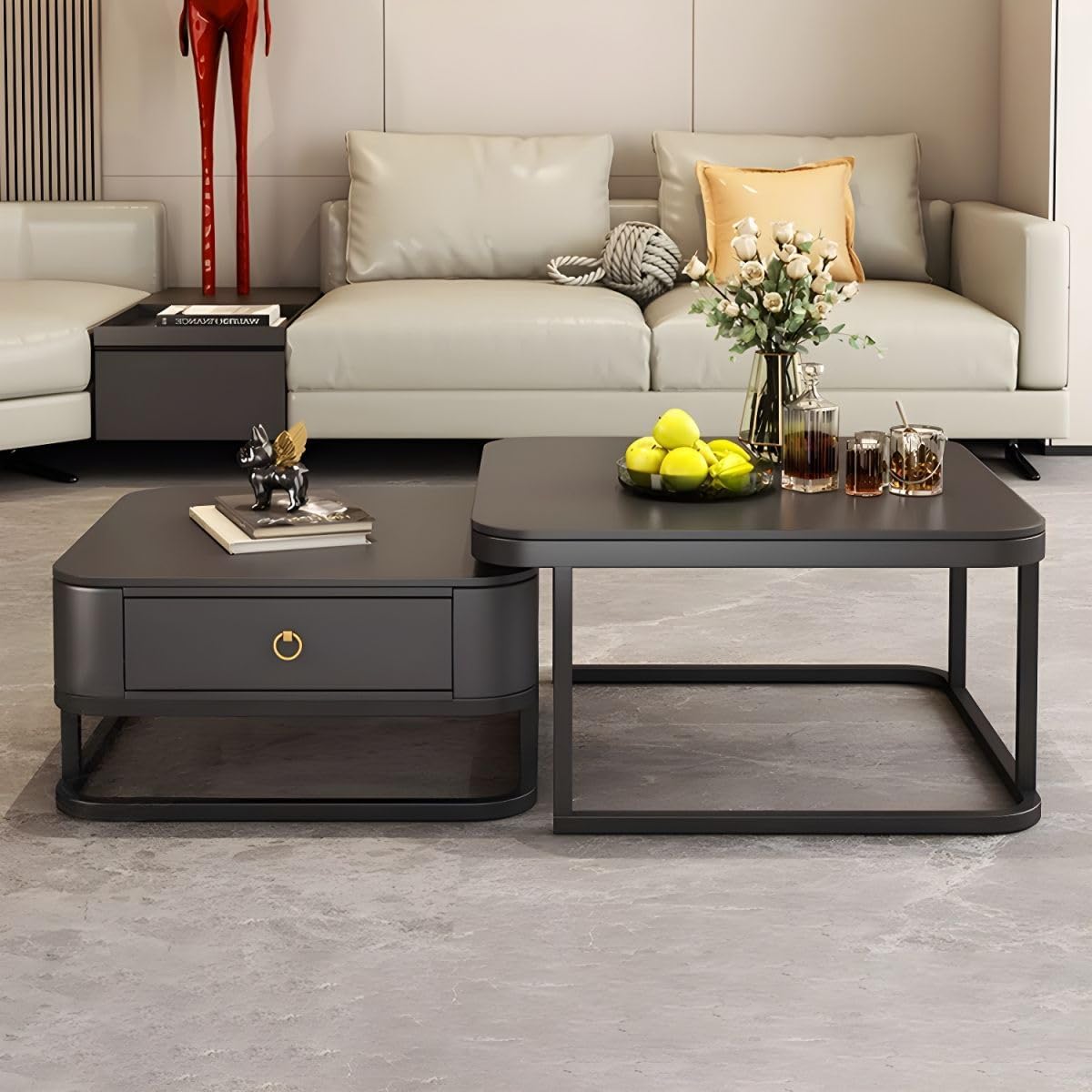 Welltrade Shoppee Modern Marble Finish Set of Coffee Table 2, Piece Stacking Tea Sofa Table Center Table with Wooden Drawer and Metal Frame for Living Room