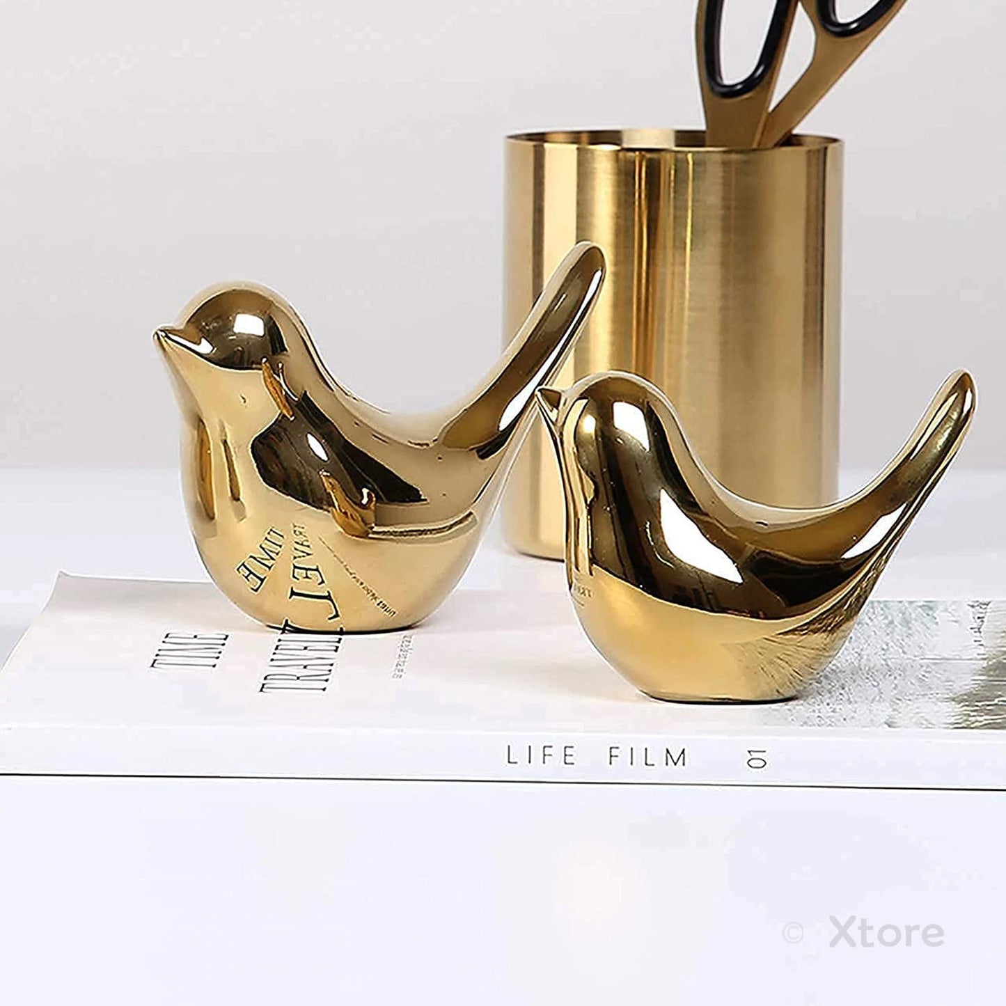 Xtore Ceramic Golden Blessing Birds Figurine for Home Decor
