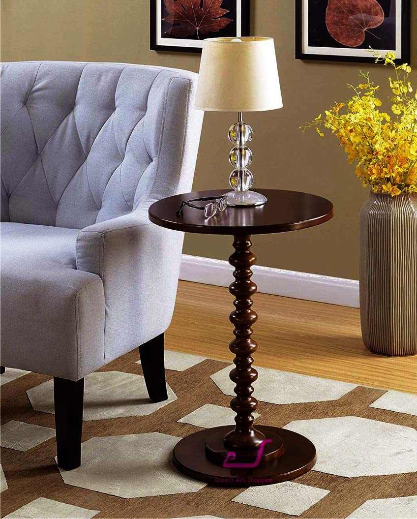 Dream Arts Dime Arts Shoppee Round Wooden Side Table for Living Room with Pedestal End Table