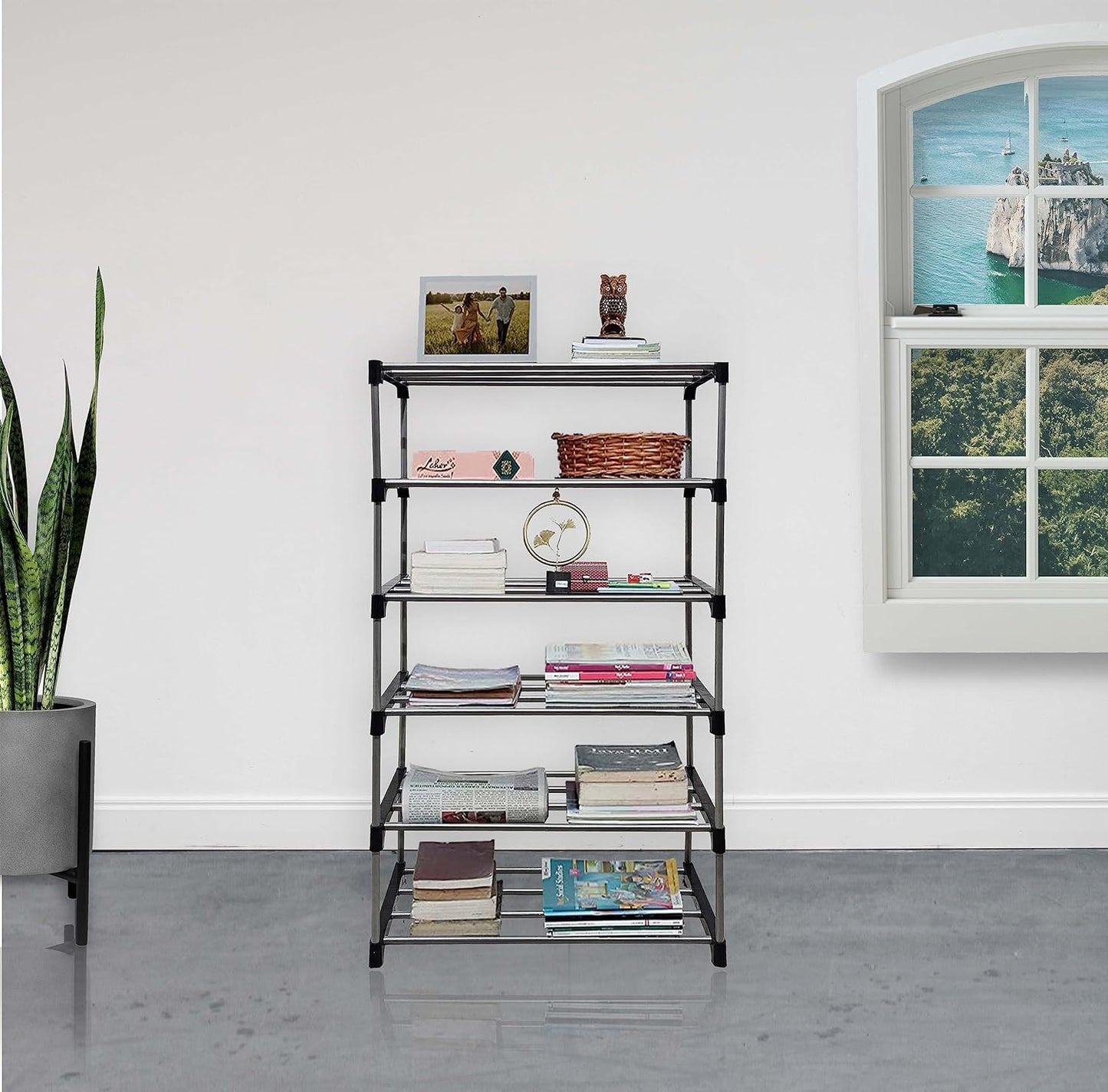 EXPOSURE 6 Layer Metal Plastic Collapsible Multipurpose Book Shelf Black