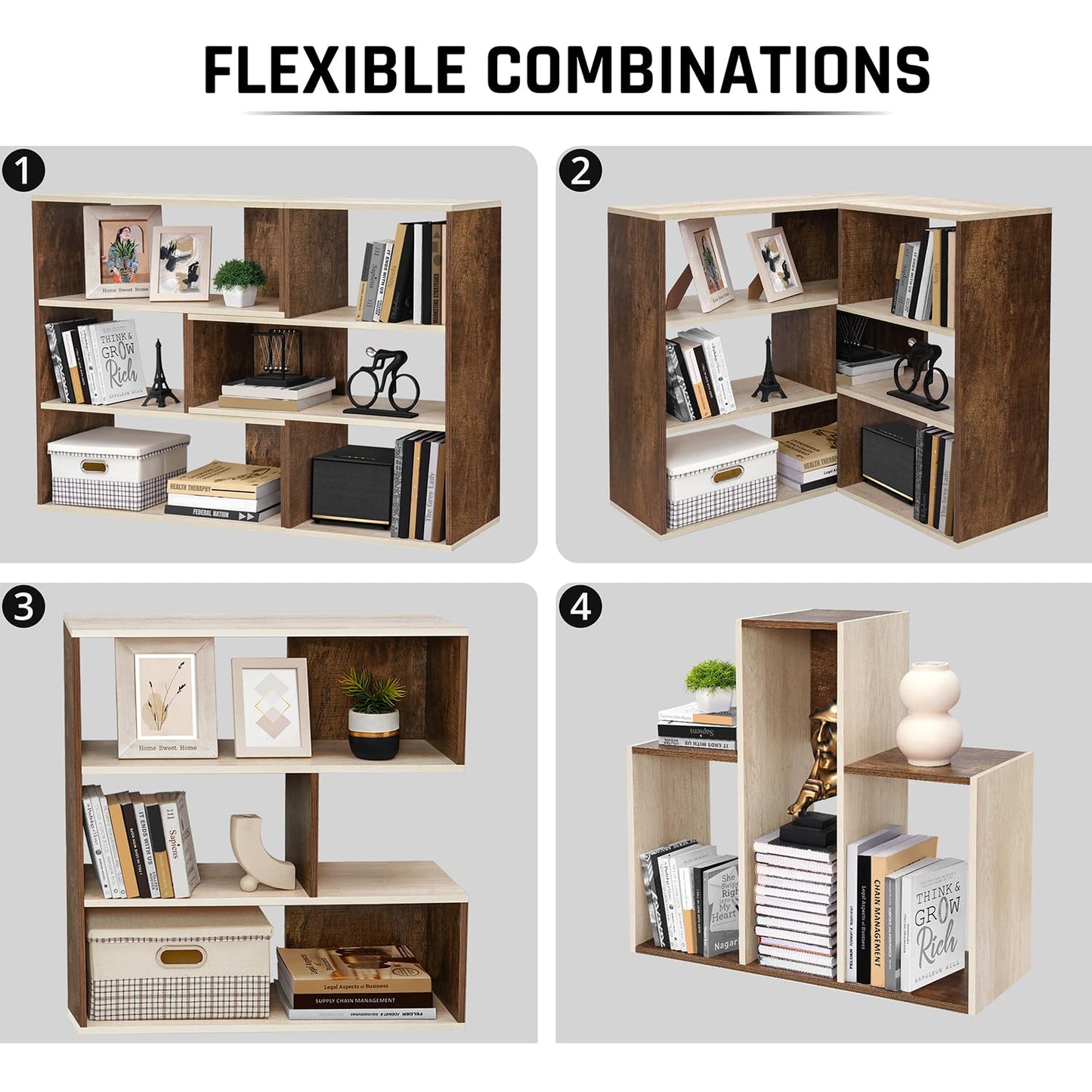 ABOUT SPACE Book Shelf for Home Library-Rectangle/L-Shaped Rack for Storage 6 Compartment Book Stand Shelf for Bedroom, Livingroom Decor, Plants and Books