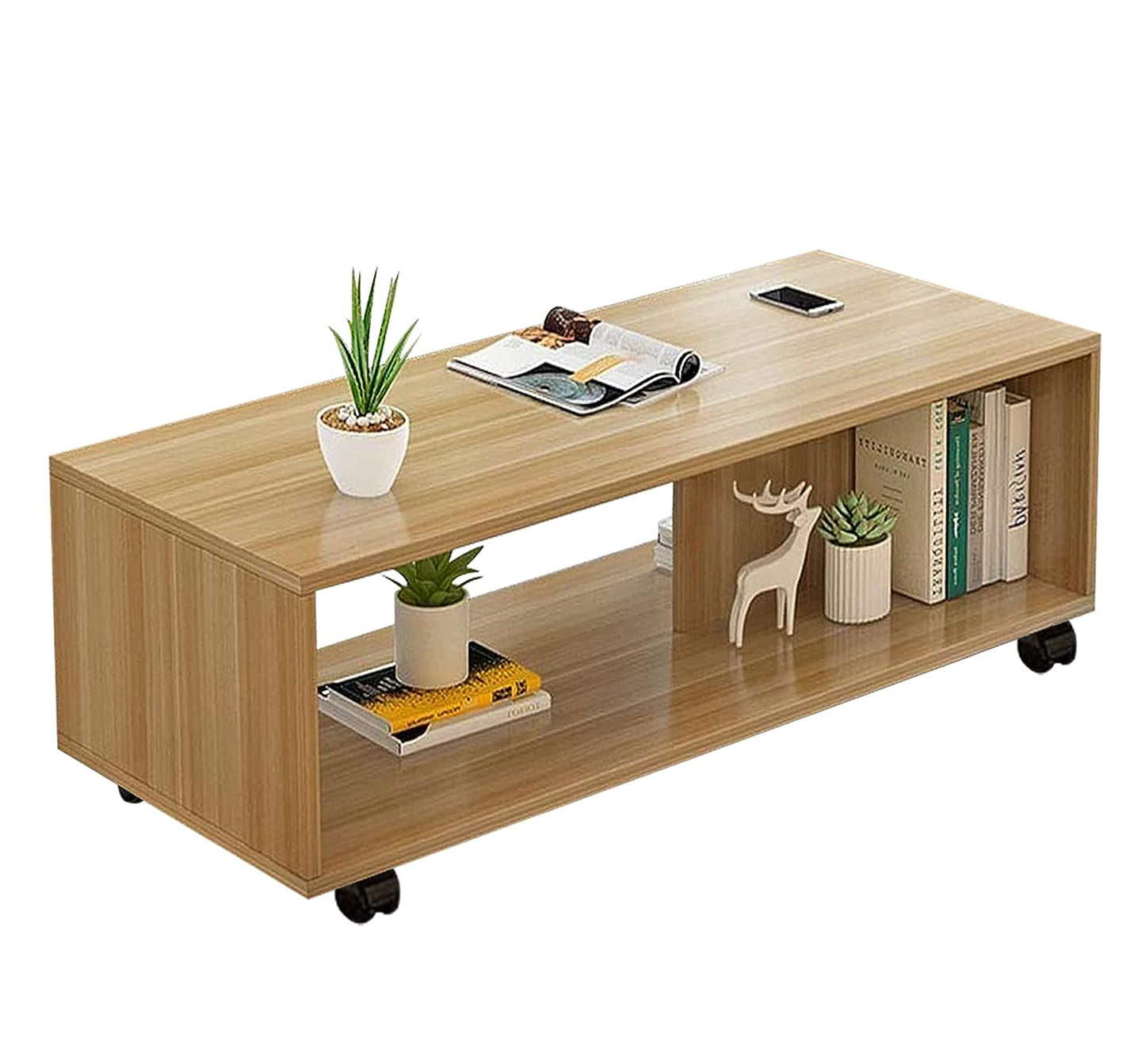 Lukzer Engineered Wooden Center Table with Wheels Open Storage Desk