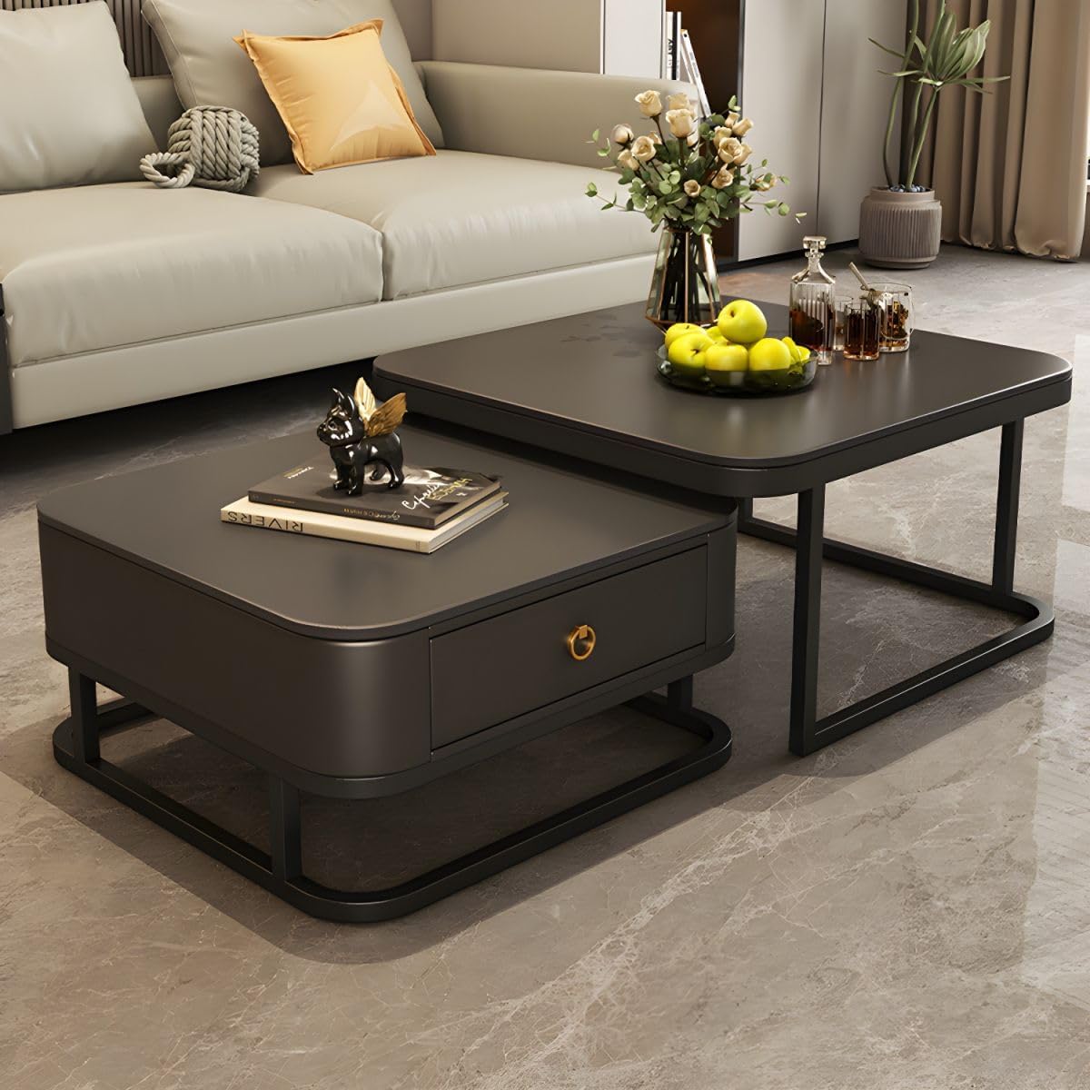 Welltrade Shoppee Modern Marble Finish Set of Coffee Table 2, Piece Stacking Tea Sofa Table Center Table with Wooden Drawer and Metal Frame for Living Room