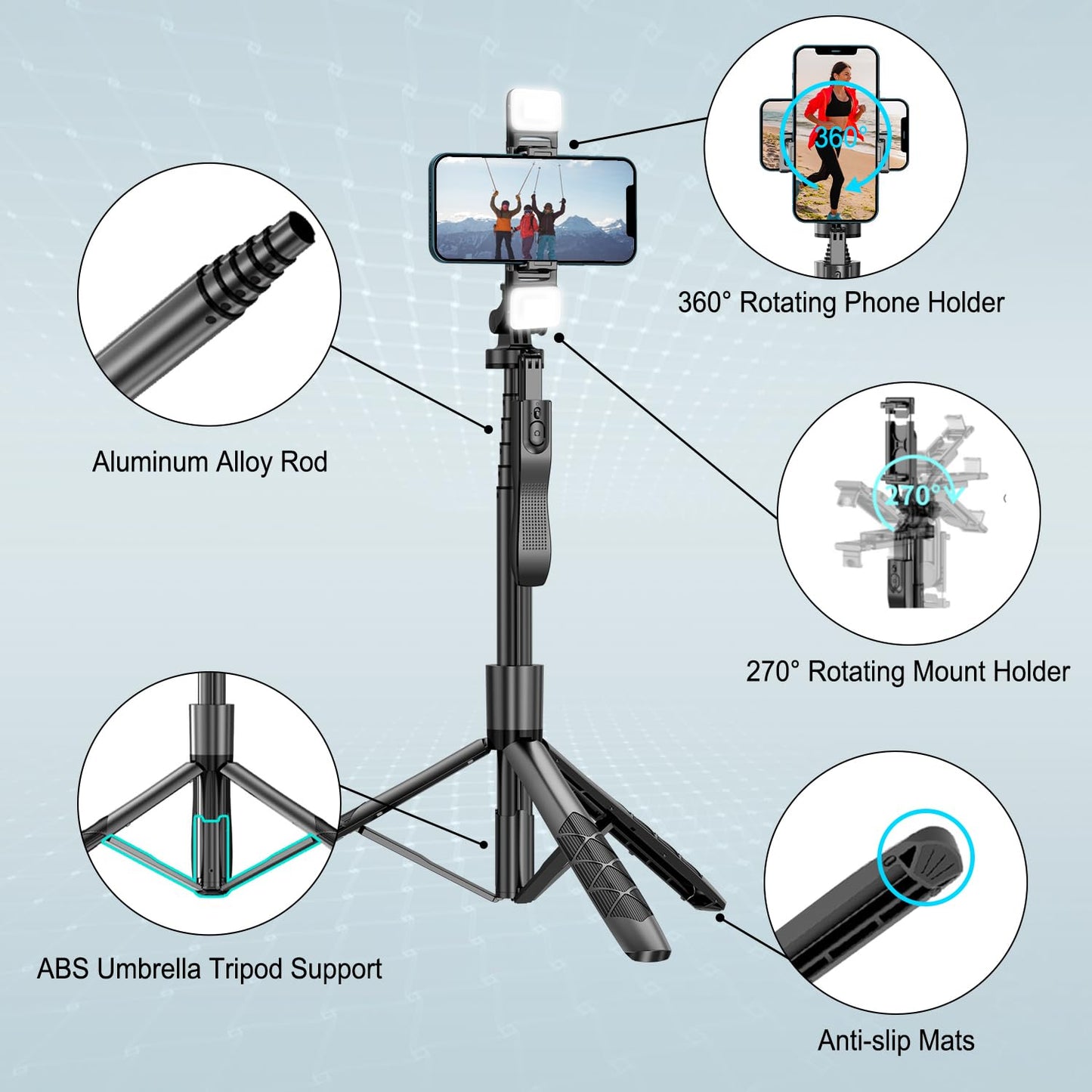 Mobilife 62" Selfie Stick with Tripod Stand 360 Degree Rotation Dual Fill Light Balance Handle Long Reinforced Tripod with Remote for iPhone Camera Vlogging Travel Live Stream, Black