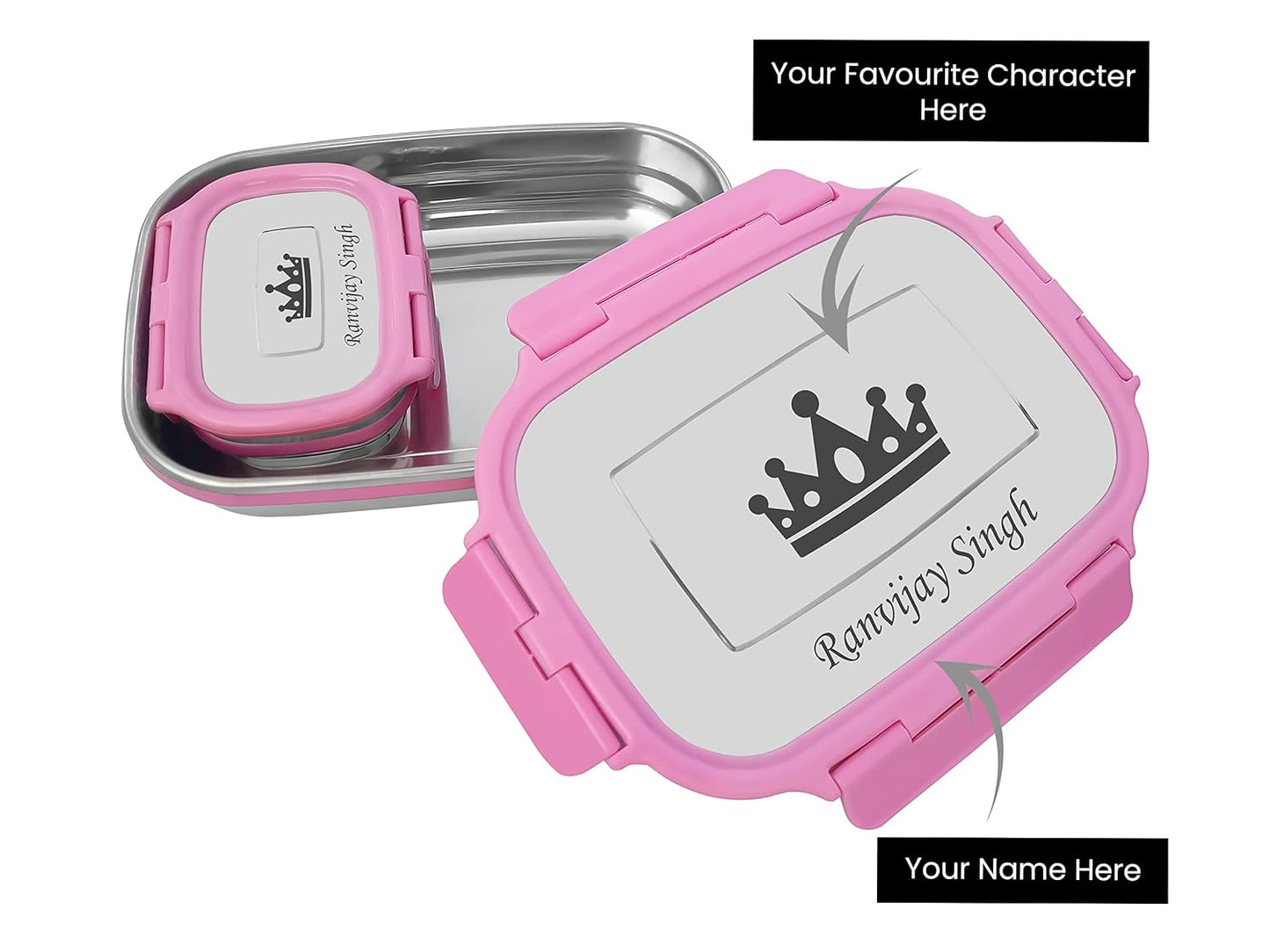 Personalized Stainless Steel Lunch Box with Your Child Name and Favourite Character Engraved on Tiffin Box.