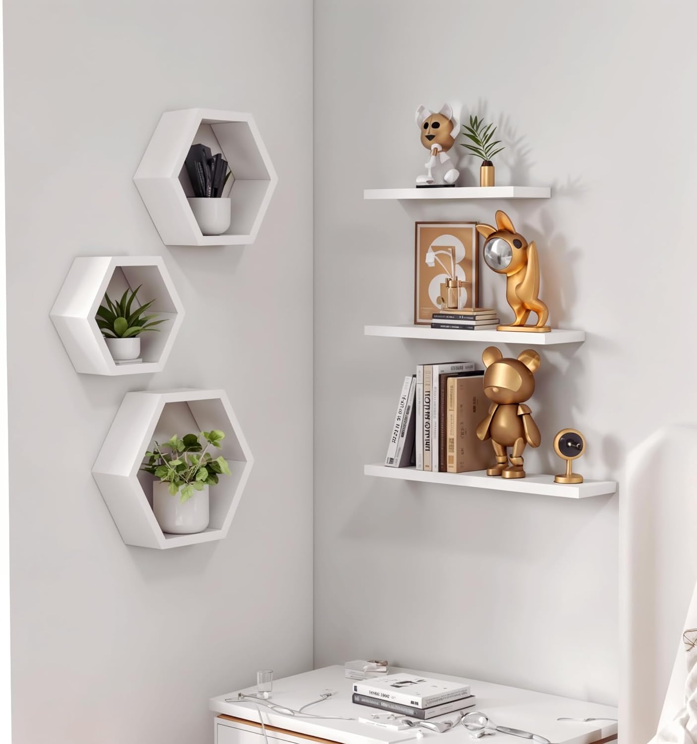 The Menifest | Wooden Hexagonal Shape Wall Hanging Rack Shelf Wall Shelf for Living Room Bedroom and Office Decoration