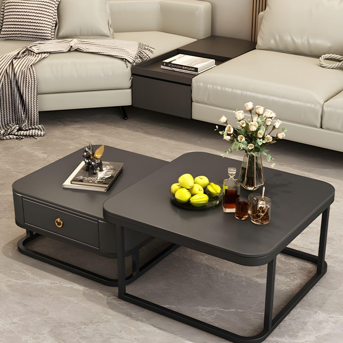 Welltrade Shoppee Modern Marble Finish Set of Coffee Table 2, Piece Stacking Tea Sofa Table Center Table with Wooden Drawer and Metal Frame for Living Room