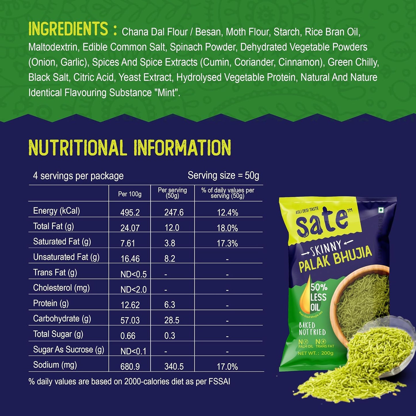 SATE Skinny -The Tasty baked Palak Bhujia Sev with 50% Less Oil, 20% Fewer Calories. No Artificial Colours. No Palm Oil. Trans-Fat & Cholesterol Free.