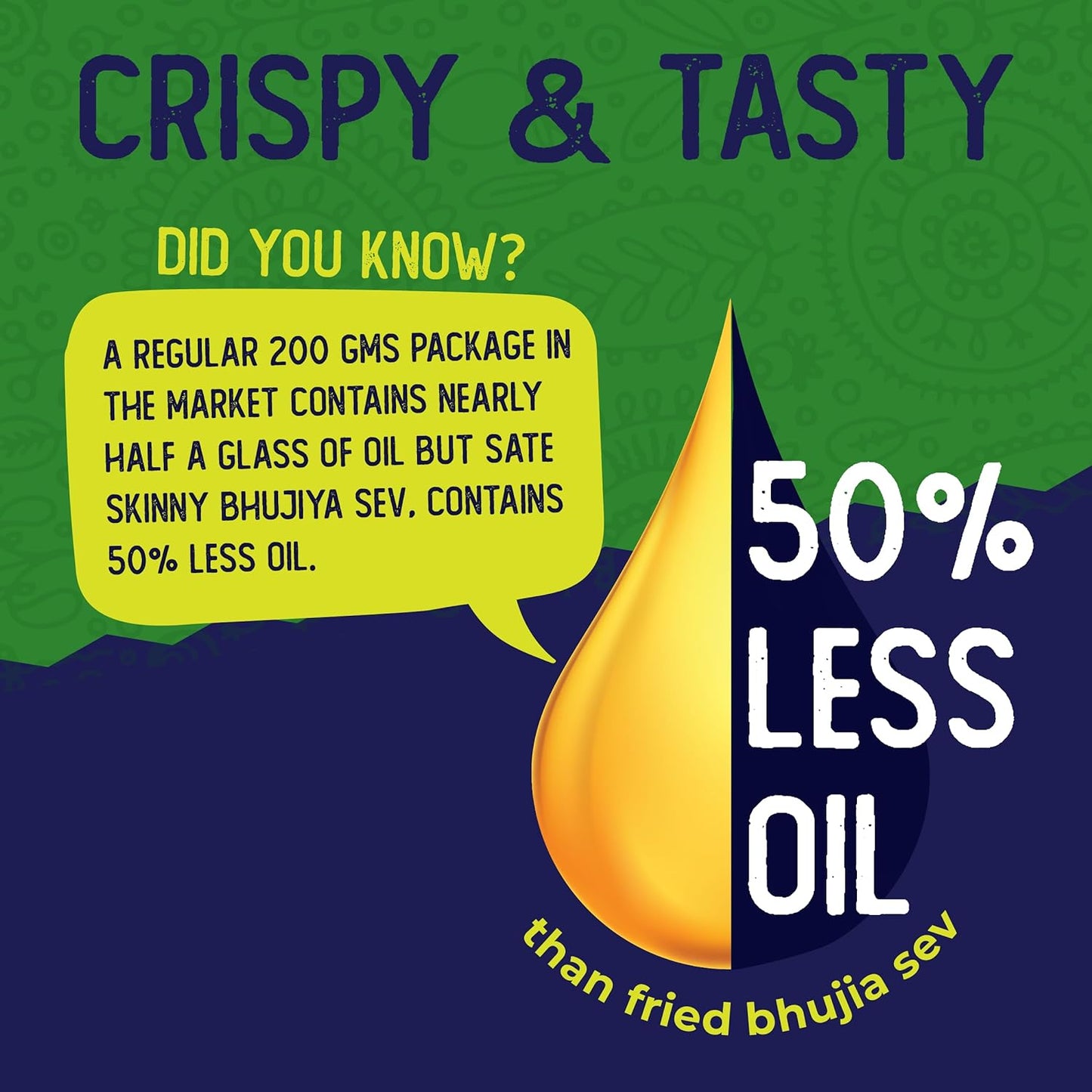 SATE Skinny -The Tasty baked Palak Bhujia Sev with 50% Less Oil, 20% Fewer Calories. No Artificial Colours. No Palm Oil. Trans-Fat & Cholesterol Free.