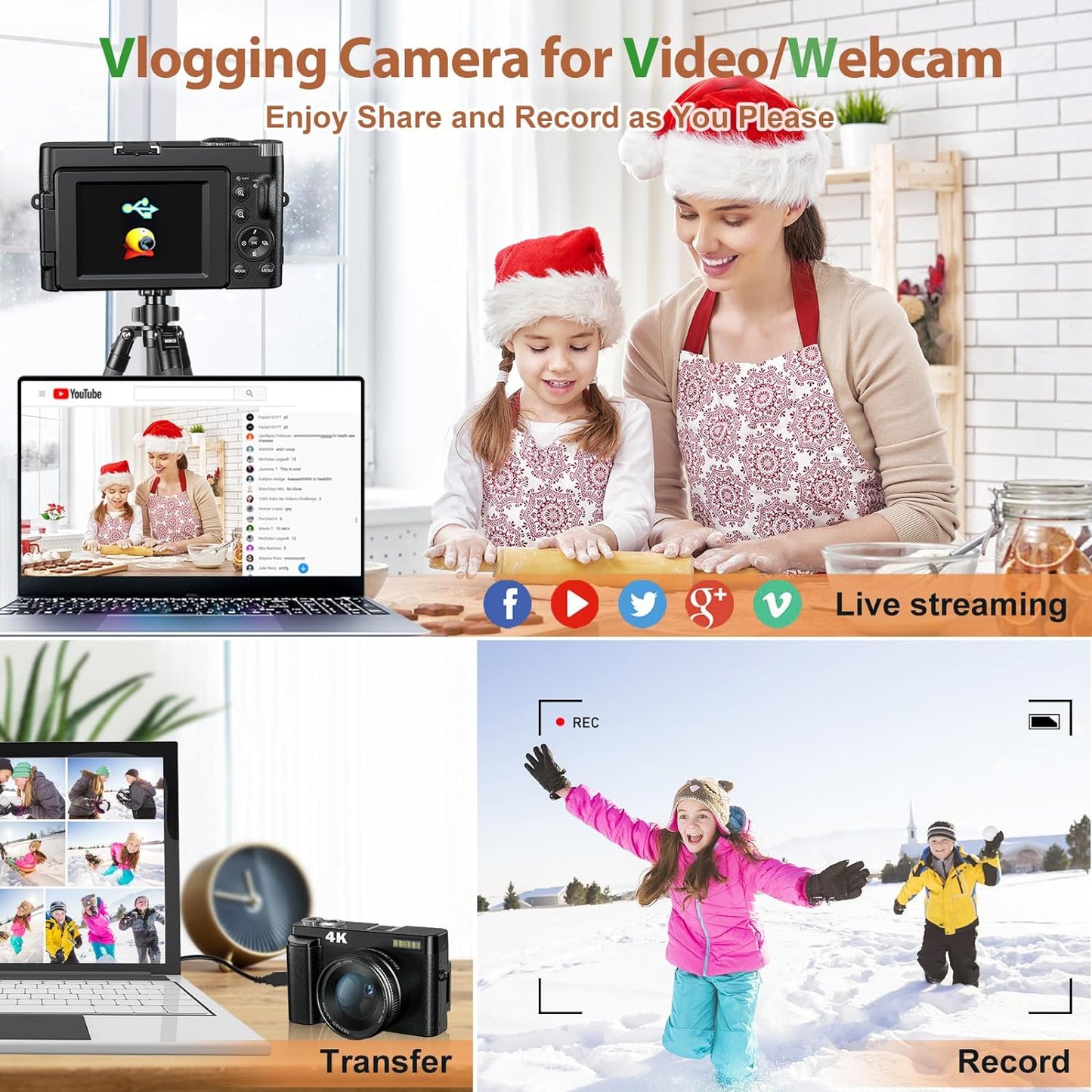 Fulealfly 4K Digital Camera For Photography And Video, 48Mp Vlogging Camera With Sd Card Autofocus Anti-Shake, 3'' 180° Flip Screen Digital Camera With Flash 16X Zoom, Compact Camera For Travel-Gb 128