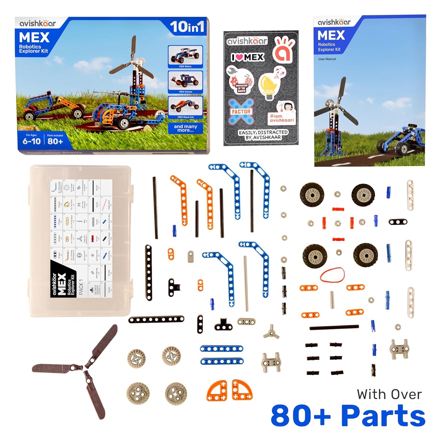 Avishkaar MEX Robotic Explorer Kit, 10-in-1 DIY Robotics Science Kit, Learning Toys for Boys and Girls Aged 6,7,8,9,10, Building and Construction Set with 80+ Parts, Educational Gift