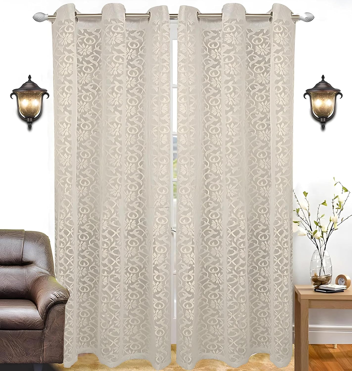 Kuber Industries Flower Design 2 Pieces Sheer Door Curtains