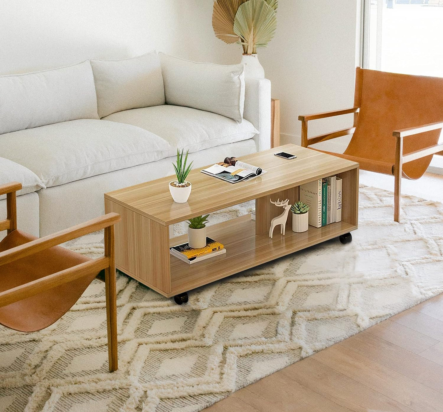 Lukzer Engineered Wooden Center Table with Wheels Open Storage Desk