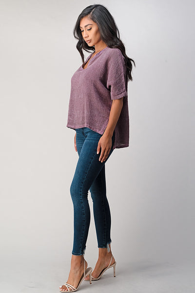 Italian Linen V Neck Top Long Back Raw Moda