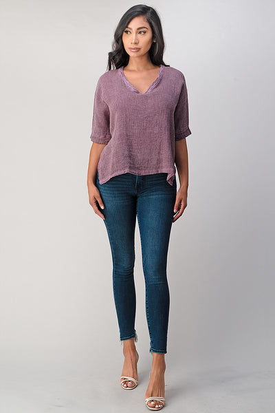 Italian Linen V Neck Top Long Back Raw Moda