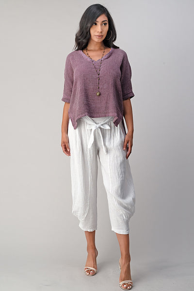 Italian Linen V Neck Top Long Back Raw Moda