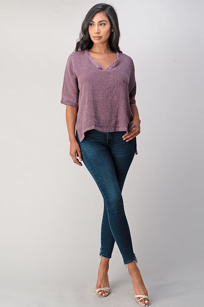 Italian Linen V Neck Top Long Back Raw Moda