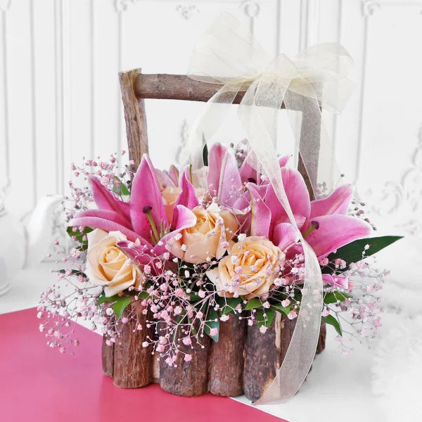 Bouquet of Roses & Lilies in Wooden Basket