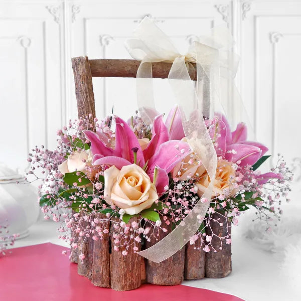 Bouquet of Roses & Lilies in Wooden Basket