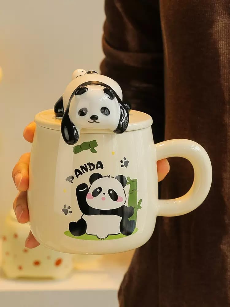 Vasukie 3D Panda Ceramic Coffee Mug with Lid