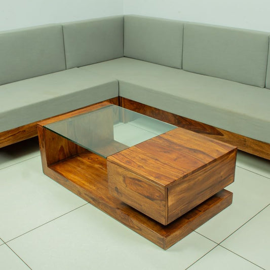 WOODMAZE Sheesham Wood Coffee Table with Drawer Storage Wooden Tea Table with Glass for Living Room Home Office Furniture Solid Wood Teapoy