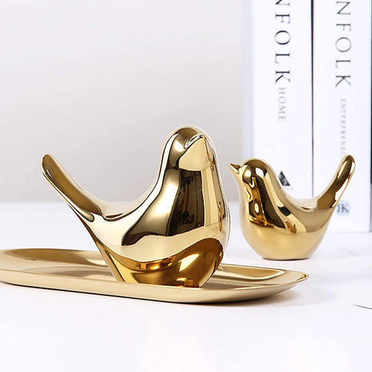Xtore Ceramic Golden Blessing Birds Figurine for Home Decor
