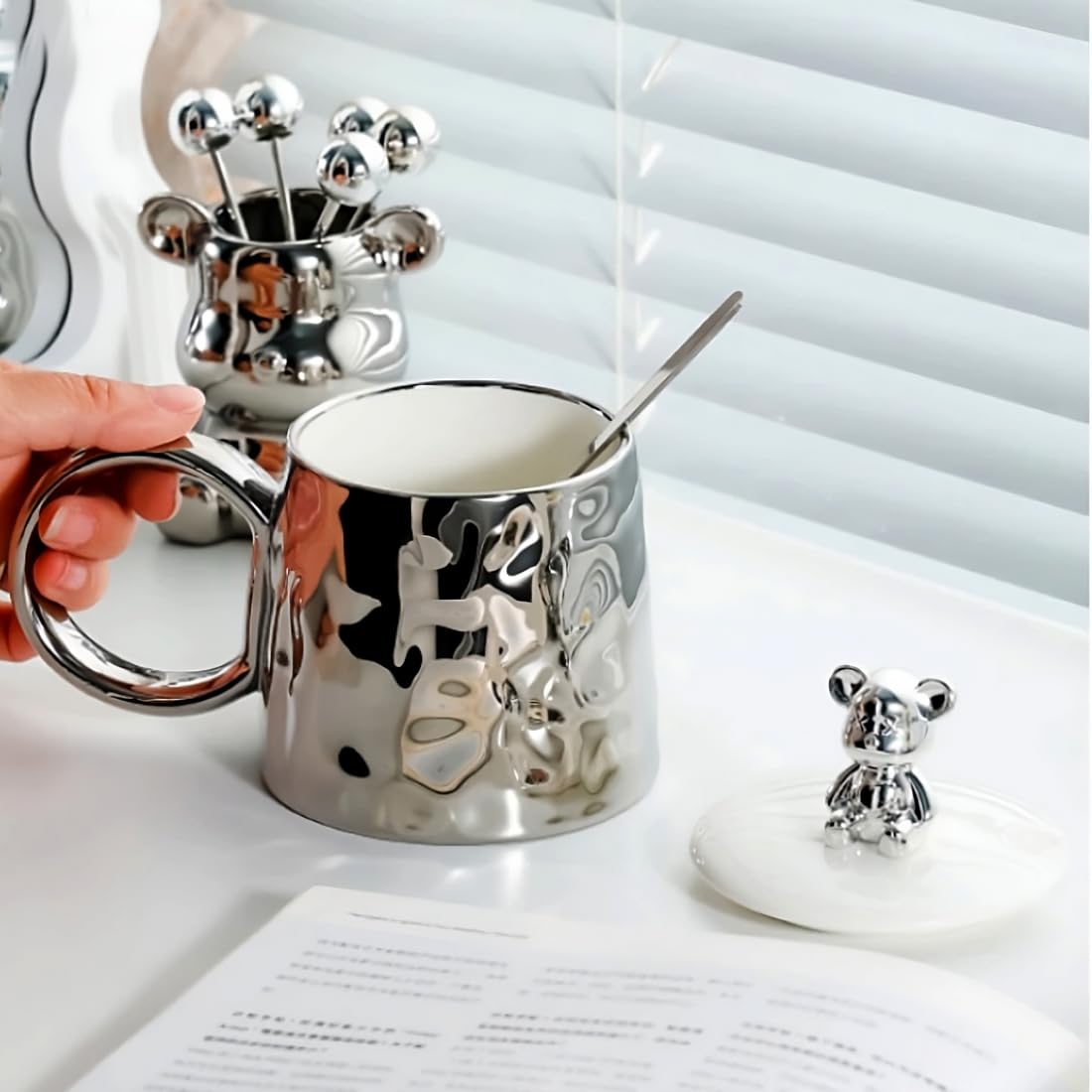 BonZeal Teddy Bear Silver Ceramic Coffee Mug