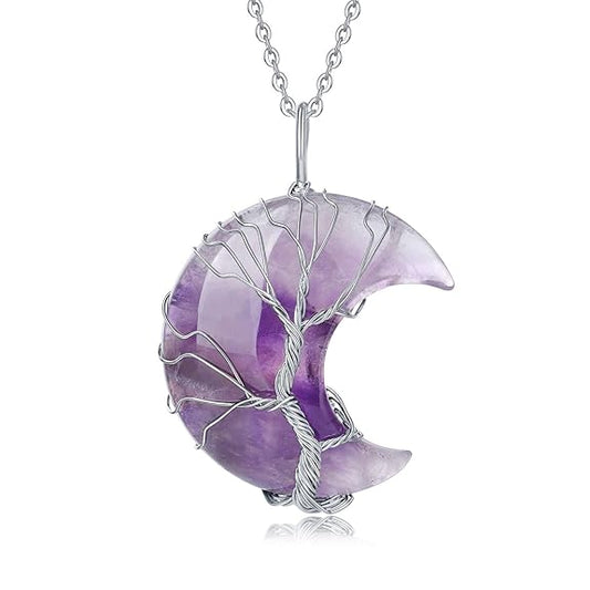 Tree of Life Wire Wrapped Crescent Moon Pendant Necklace