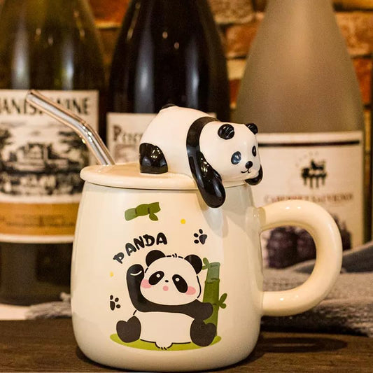 Vasukie 3D Panda Ceramic Coffee Mug with Lid