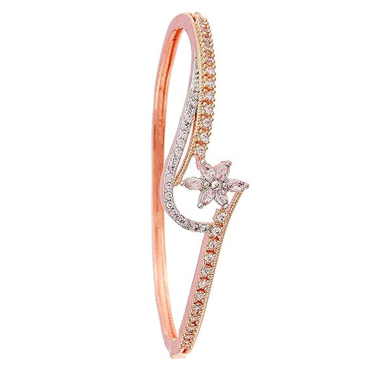 Rhodium-Plated American Diamond Studded Leaf Shaped Bangles