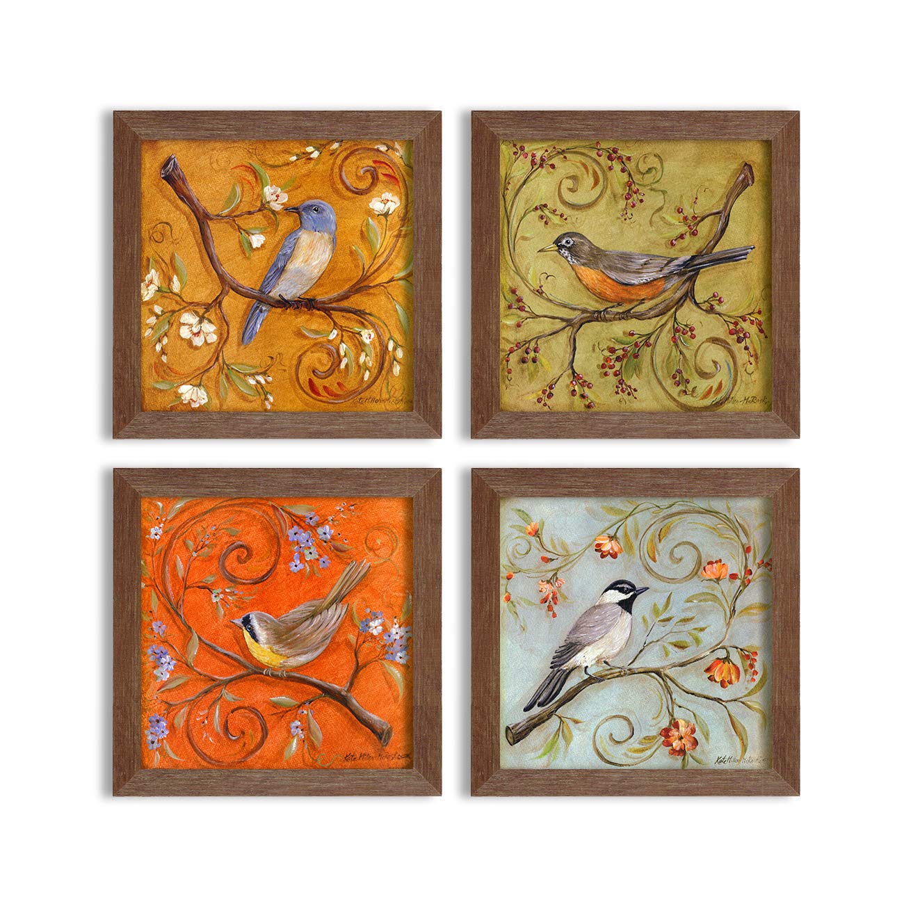Painting Mantra - Multicolor Jardine Birds Set of 4 Brown Framed Painting,UV Textured Art Prints