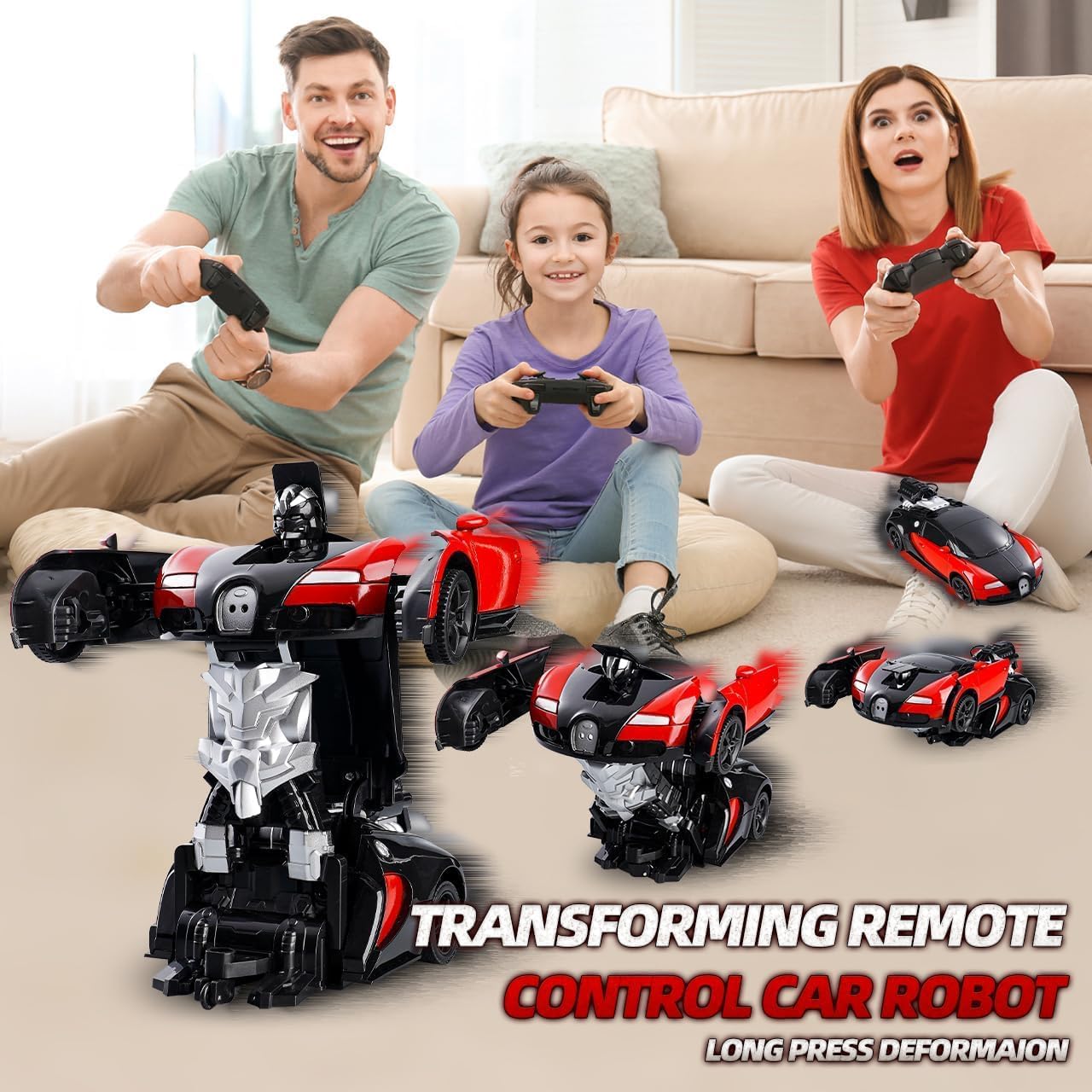 SUPER TOY Robot Remote Control Transform Car with Spray, RC Rechargeable Toy Car with LED Light, Electric Hobby Sport Racing Vehicle for Kids Boys Age 3 4 5 6 7 (Red)