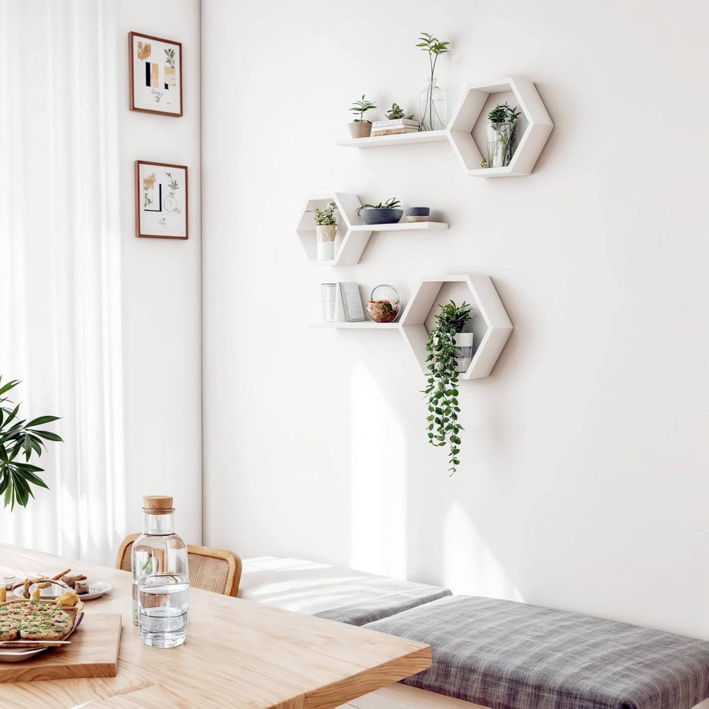 The Menifest | Wooden Hexagonal Shape Wall Hanging Rack Shelf Wall Shelf for Living Room Bedroom and Office Decoration