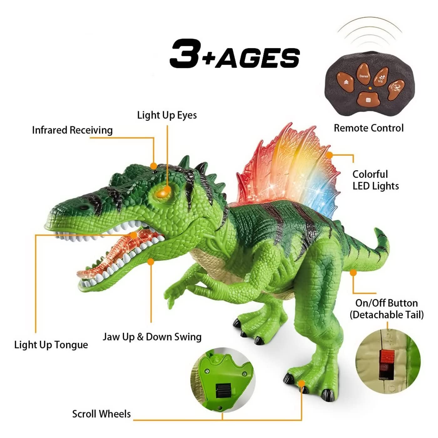 HOBBY CENTRAL Toy RK Shine LED Light Up Remote Control Dinosaur Walking and Roaring Realistic T-Rex Dinosaur Toys with Glowing Eyes Walking Movement Shaking Head Toy for Kids (Green)