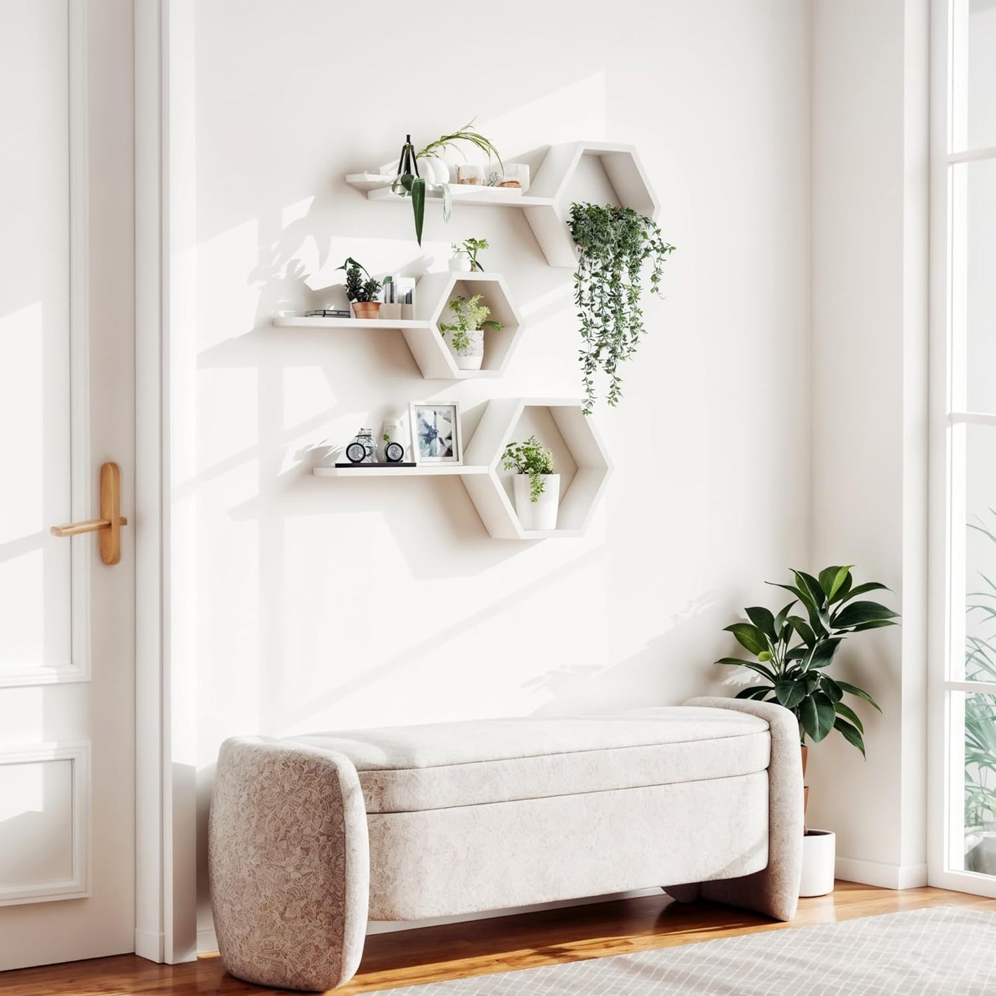 The Menifest | Wooden Hexagonal Shape Wall Hanging Rack Shelf Wall Shelf for Living Room Bedroom and Office Decoration