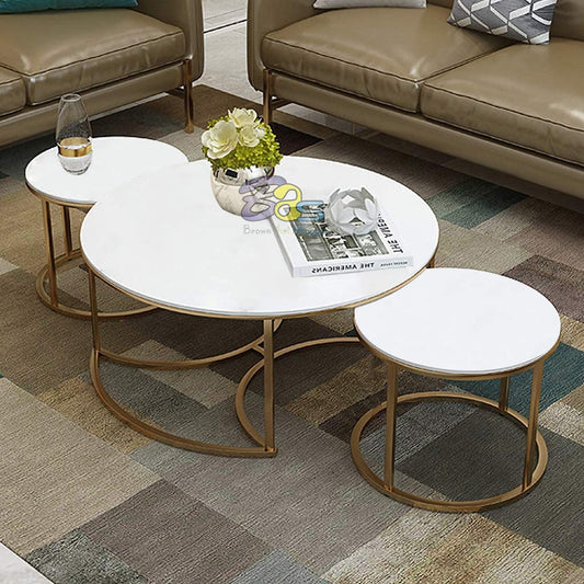 BROWN ART SHOPPEE Set of 3 MDF Top Gold Legs Coffee Table End Tables Round Wood Stacking Coffee Side Accent Table with Metal Legs