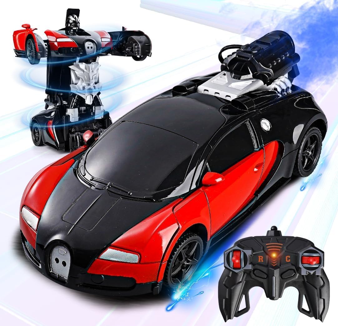 SUPER TOY Robot Remote Control Transform Car with Spray, RC Rechargeable Toy Car with LED Light, Electric Hobby Sport Racing Vehicle for Kids Boys Age 3 4 5 6 7 (Red)