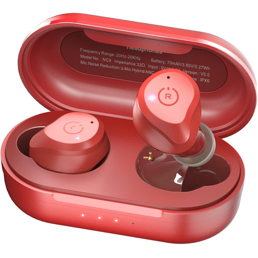 TOZO NC9 Hybrid Active Noise Cancelling Wireless Earbuds,in Ear Headphones IPX6 Waterproof Bluetooth 5.3 Stereo Earphones, Immersive Sound Premium Deep Bass Headset, Dark Red