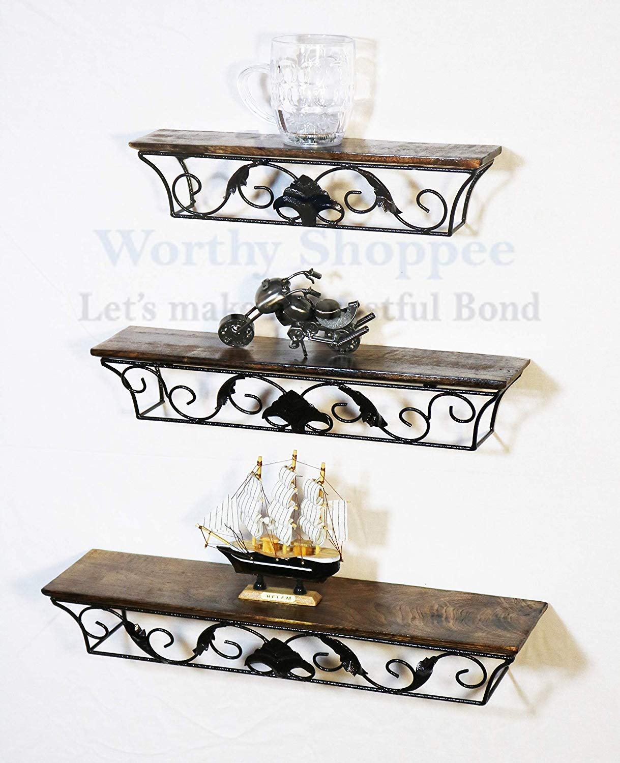 Worthy Shoppee Floating Shelves Wall Mounted Set of 3,Wood and Iron Wall Shelves for Bedroom, Living Room, Bathroom, Kitchen (Walnut, Brown)