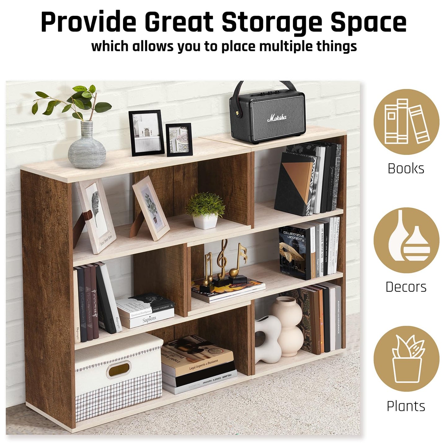 ABOUT SPACE Book Shelf for Home Library-Rectangle/L-Shaped Rack for Storage 6 Compartment Book Stand Shelf for Bedroom, Livingroom Decor, Plants and Books
