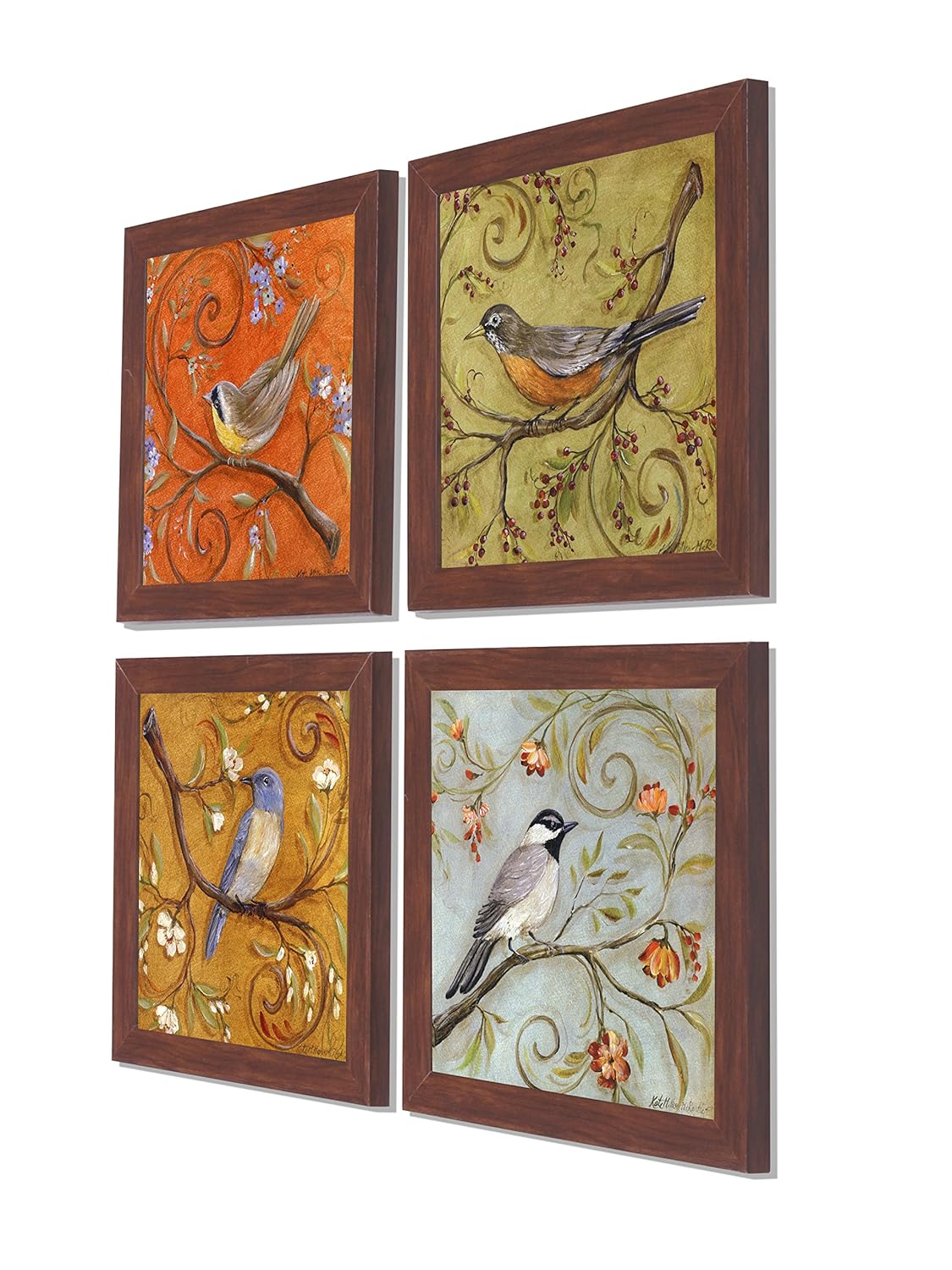 Painting Mantra - Multicolor Jardine Birds Set of 4 Brown Framed Painting,UV Textured Art Prints