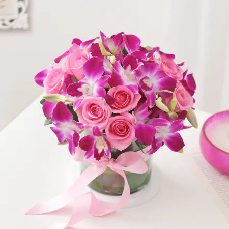 Purple Orchids & Pink Roses In Round Vase