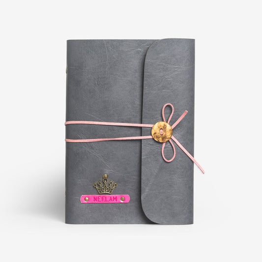 Customised Grey Leather Diary With Pink Thread
